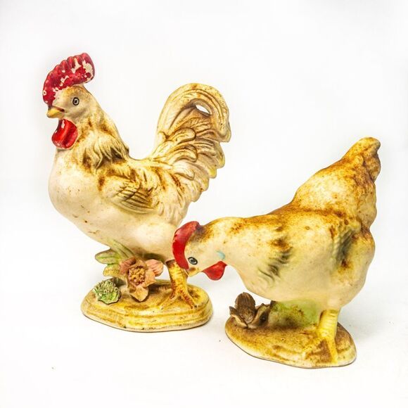 Vintage Pair Enesco Rooster & Hen Porcelain Figurines - Picture 1 of 8
